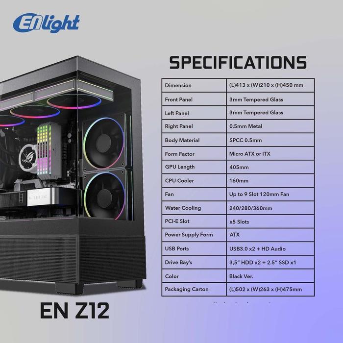 Casing ENLIGHT Z12 BLACK M-ATX PC Case Free 3 Fan - Gambar 6