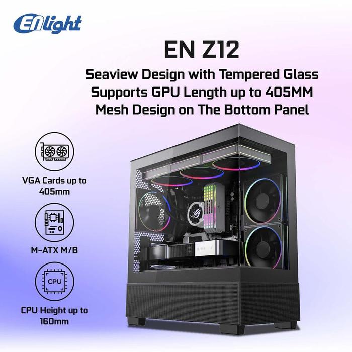Casing ENLIGHT Z12 BLACK M-ATX PC Case Free 3 Fan - Gambar 2