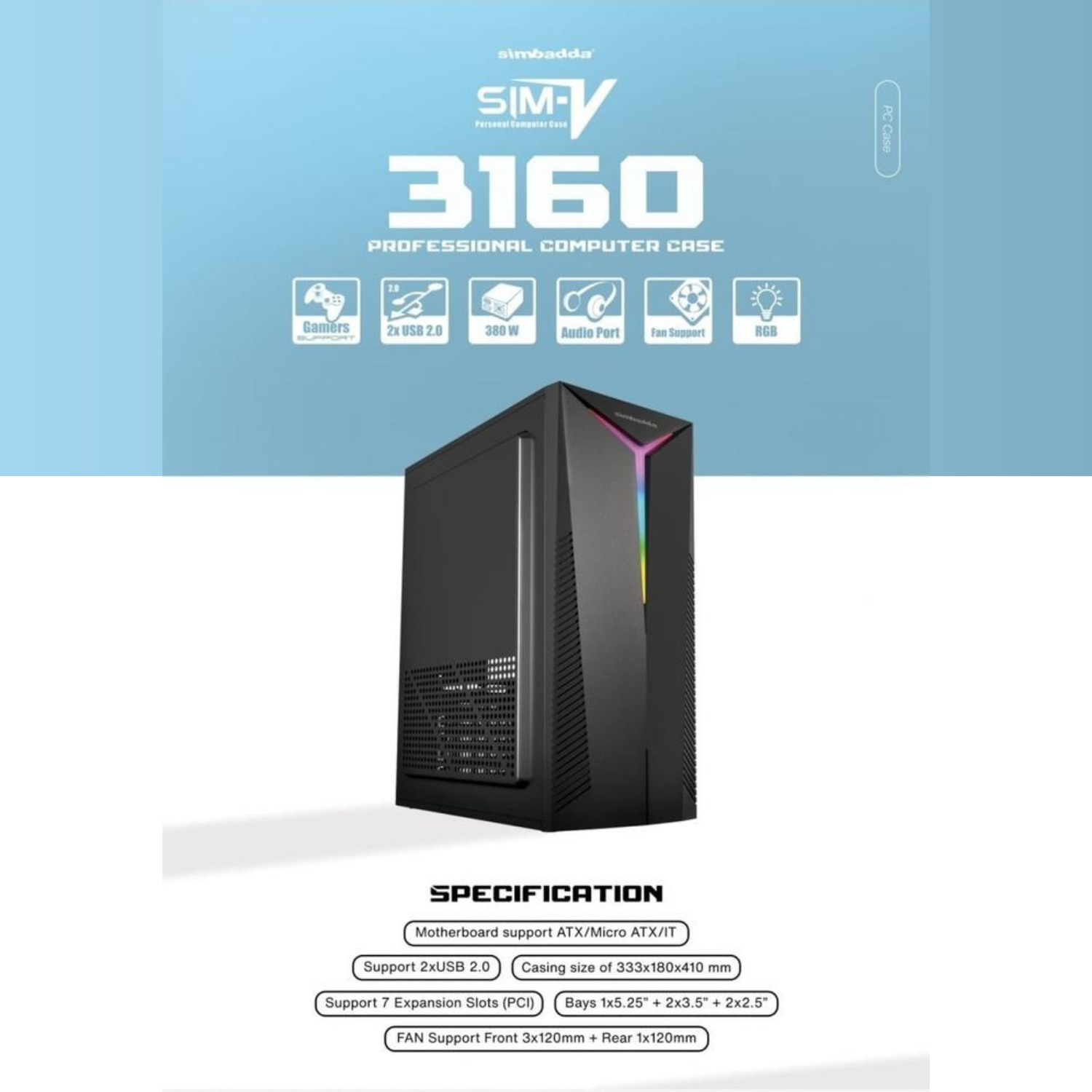 Case SIMBADDA SIM-V 3163 LED Strip | Casing PC Komputer + PSU 380W - Gambar 2