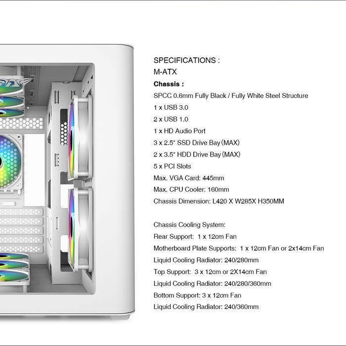 Armaggeddon Aquaron X-CURVE 285 M-ATX White Aquarium Gaming Case Tempered Glass - Gambar 4